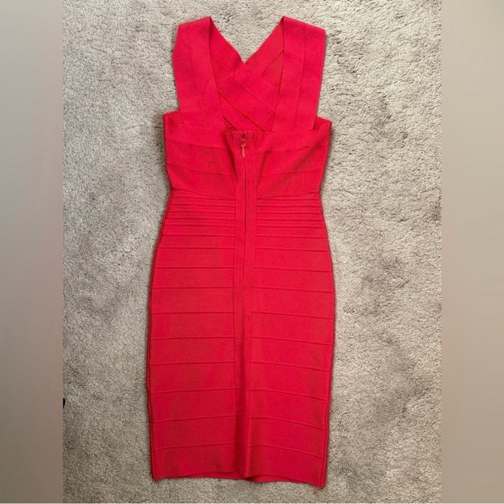 Herve Leger Red Stella Cross Front Bandage Dress - Picture 2 of 10
